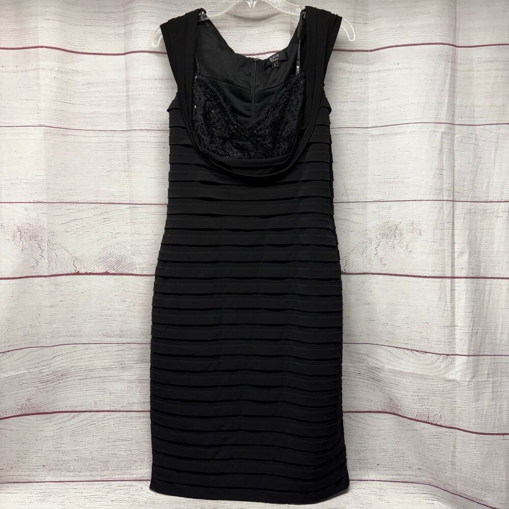 Tadashi Collection Black Tiered Ruffle Cocktail Dress Beaded Lace Bodice Size L